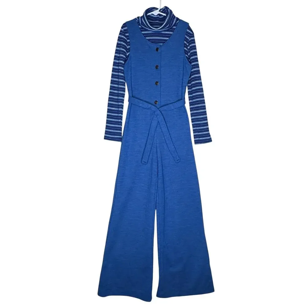 1970s Pic-Nics by Her Majesty Blue Knit Jumpsuit Turtleneck Set USA XS